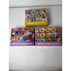 Lot of 3 100 Piece Jigsaw Puzzles:  Dogs, Flowers, Donuts Kids Ages 3+